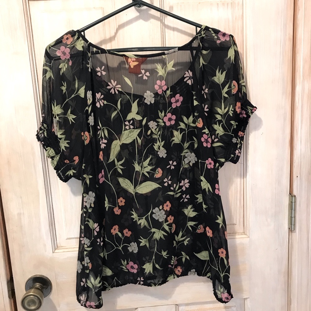 Joe Fresh Polyester Summer Sheer Top , Navy with Flower Print - Picture 2 of 8